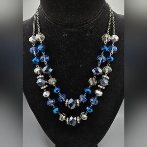 Crown Trifari Necklace Glass Crystal AB Blue GunMetal Chain Strung 13" + 2" Ext